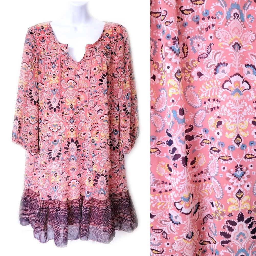 AUW Paisley & Floral Boho Tunic Top Mini Dress with Ruffle Hem + Split Neck
